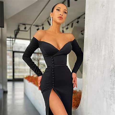 Sonicelife Long Sleeve Evening Party Bandage Dress Black Off Shoulder Button Sheath Clubwear Vestidos  Split Knee-Length Dresses Autumn