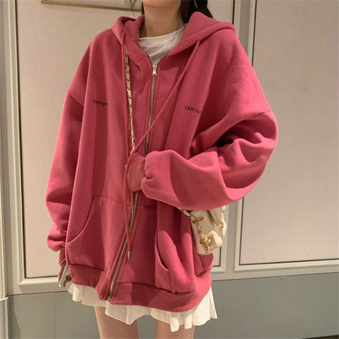 Korean Style Women Hoodies Harajuku Jacket Women 2023 Oversize Warm Long Sleeve Zipper Top for Girl Loose Casual Female Pullover