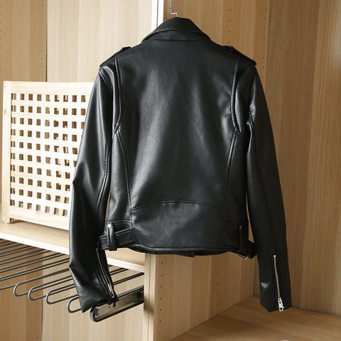 2023 Spring Autumn Women Black Faux Leather Jacket Casual Zipper With Belt Biker Coat Female Casual Solid Short Outwear