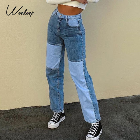 Sonicelife Weekeep Patchwork Fashion Cargo Jeans Women High Waist Buttons Fly Streetwear Straight Pants 90s Retro Punk Straight Denim Pants