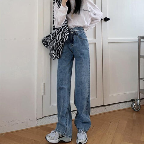 Sonicelife Woman Jeans High Waist Clothes Wide Leg Denim Clothing Blue Streetwear Vintage Quality 2024 Fashion Harajuku Straight Pants