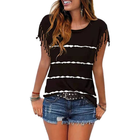 Sonicelife Summer New Stripe Printed T Shirt Women's O Neck Casual Fashion Tassel Sleeveless Tops Clothing Blusa Feminina Streetwear D30