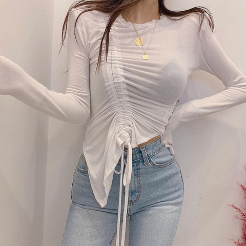 Christmas Gift Shoulder pads women top Summer long sleeve tops  asymmetric slim solid ladies tops 2023 Lace Up Thin T-shirt See Through