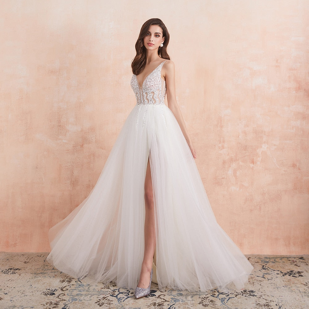 Sonicelife V Neck Wedding Dress White Ivory  High Splits Beaded Beading Pearls Crystal A Line Backless Bridal Gown Vestido De Noiva