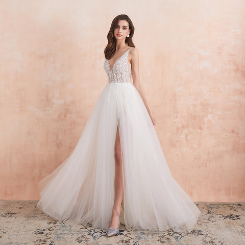 Sonicelife V Neck Wedding Dress White Ivory  High Splits Beaded Beading Pearls Crystal A Line Backless Bridal Gown Vestido De Noiva