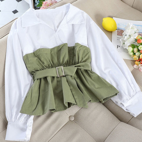 White Collar Shirt Ruffles Casual Blouse Tops Women Long Sleeve Stitching Tunics V Neck Ladies Clothes With Belted 2023 Fashion