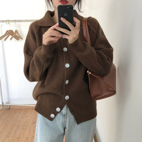 Cardigans for Women 2023 Korean Fashion Knitted Sweater Turn-down Collar Thick Sweaters Vintage Button-down Women Autumn Jacket