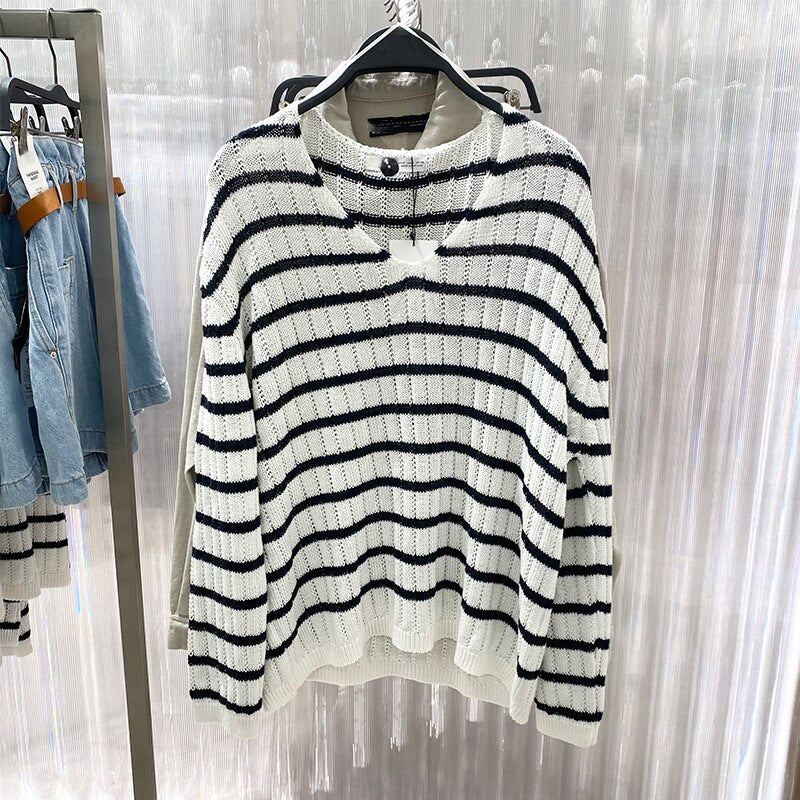 2023 Spring Autumn Women Striped V-Neck Loose Knitted Sweater Jumper Long Sleeve Female Pullovers Chic Tops