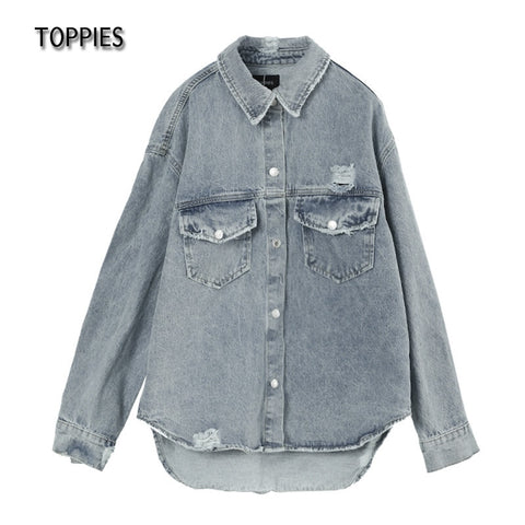 Sonicelife Toppies 2024 Women Denim Coat Mid-Length Ripped Loose Outdoor Fashion Women Denim Jacket