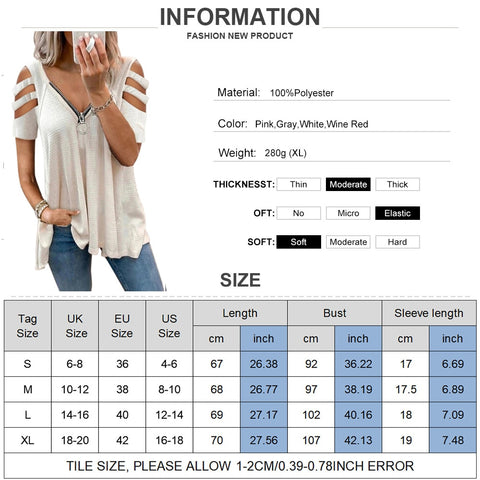 Sonicelife Summer Hollow Out Short Sleeve T-Shirts Women  Zipper V-Neck Casual Ladies Tops Fashion Female Streetwear Blouse Tee D30