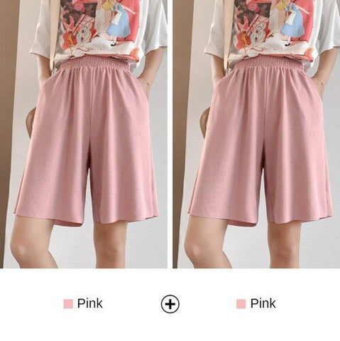 Sonicelife Wide Leg Short Pants Woman Summer Casual Ice Silk Straight Shorts Female Solid Elastic Waist Plus Size Slacks Short for Girls