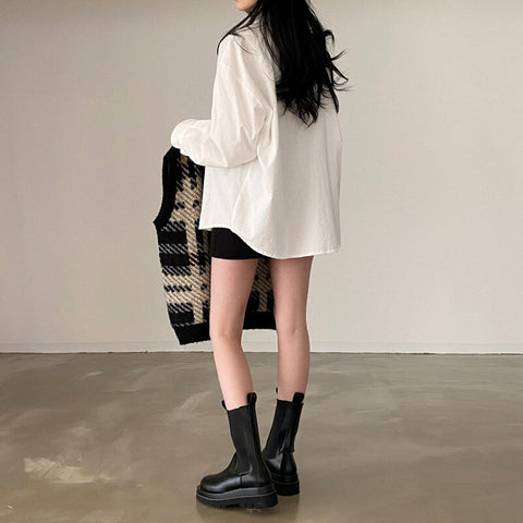 Sonicelife Stacked loose sweater vest check vest + white shirt suit