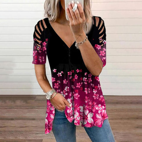 Gradient Floral Print V-neck Loose Womens Blouse  Short Sleeve Hollow Out Pullover Tops Casual Summer Blusa for Female D30
