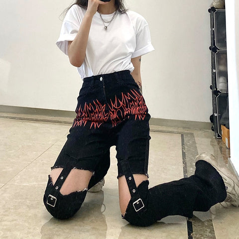 Sonicelife Weekeep Gothic Print Cut Out Blcak Jeans Women High Waist Denim Long Pants Summer Vintage 90S Harajuku Streetwear Punk Trousers