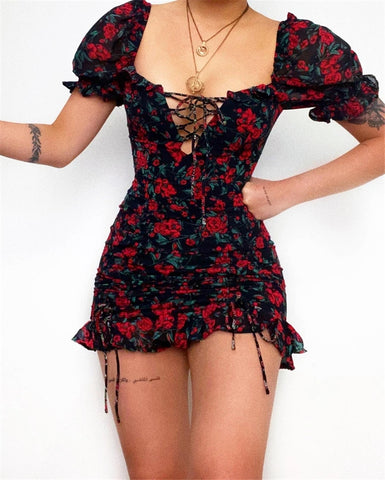 Back to school outfits Sonicelife  New summer dresses for women 2023 Vintage Floral Puff Sleeve Short Ruffles Dress Summer Women Ladies Lace-Up Front Square Collar Ruched Dress
