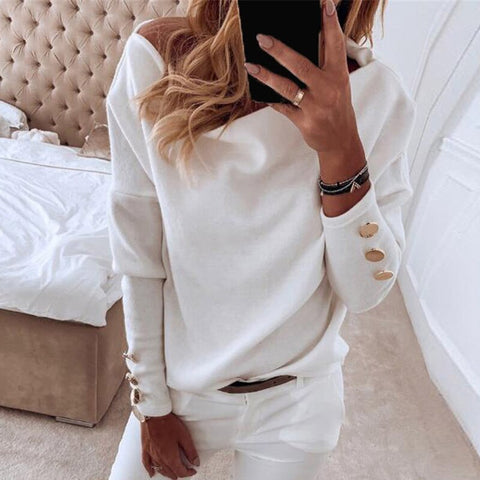 Sonicelife  2023 Elegant  Slash Neck Solid Blouses Tops Women Buttons Long Sleeve Design Shirts Fashion Off Shoulder Loose Simple Blusas