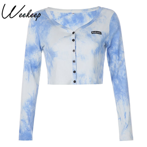 Sonicelife Weekeep Tie Dye Print Streetwear Crop Top For Women Autumn Rib Knitted Harajuku Tshirt Woman Casual Buttons Cardigan Top Clothes