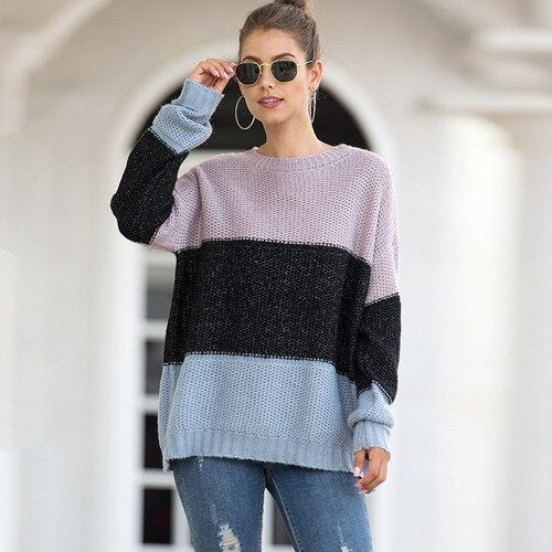 Autumn Winter O-neck Oversize Sweater Pullovers Women's Knitted Stripe Sweaters Mohair Loose Thick Warm Female Pullovers Tops