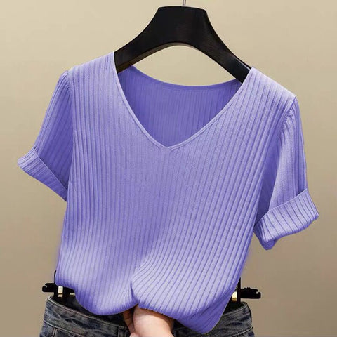 Christmas Gift Knitted short sleeve Women V-Neck T Shirts 2023 Blue Slim Black thin knit Orange Tops Ladies Summer Camiseta Summer T shirts