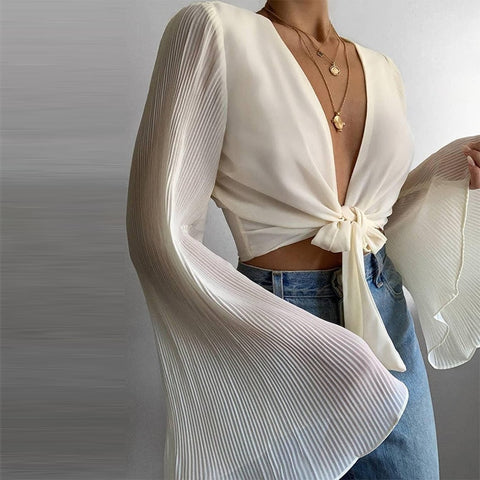 Sonicelife Spring Flare Long Sleeve Beach Shirts Blouse Solid   V Neck Women Shirt Blusas Summer Tie-Up Hollow Out Tops Streetwear