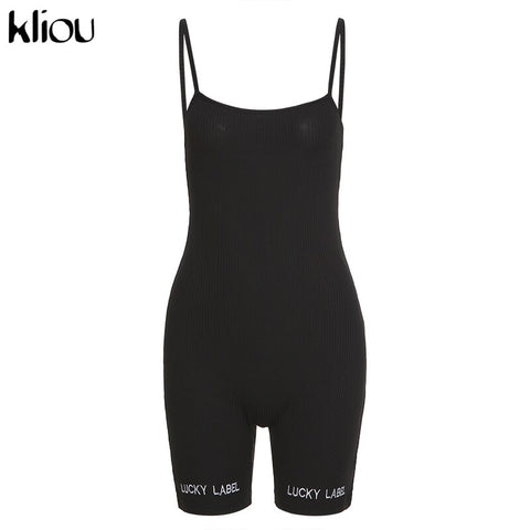 Sonicelife Kliou suspenders rompers women summer playsuit slash neck Letters Embroidery elastic streetwear ribbed sleeveless slim