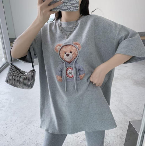 Sonicelife Harajuku Womens T-Shirts Oversized Couple Tee Cute Diamonds Rope Bear Tshirt Summer Loose Casual Kawaii Crew Neck Tops Plus Size