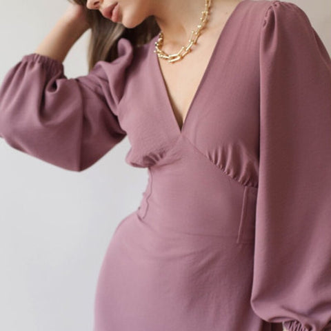 Sonicelife Churses Casual V-Neck Puff Sleeve Long Dress Autumn High Waist Elegant Vintage Party Dresses For Women 2024 New Arrival