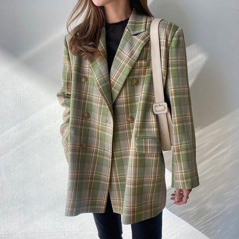 Sonicelife Jackets for Women 2024 Green Plaid Double Breasted Blazer Suit Office Ladies Pockets Female Suits Coat Spring Women's Blazers