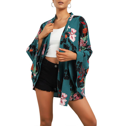Sonicelife Women Boho Print Floral Beachwear Kimono Cardigan Loose Long Sleeve Shawl Capes Blouse Bikini Cover Wrap Outdoor Thin Coat D30