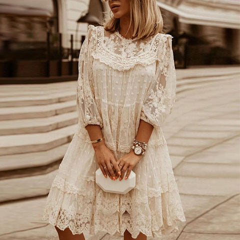 Sonicelife hoco dresses-Summer  V-neck Lace Party Dress Women Elegant Mesh Patchwork Three Quarter Sleeve Dress Spring Ruffle Mini Dress Vestido D30