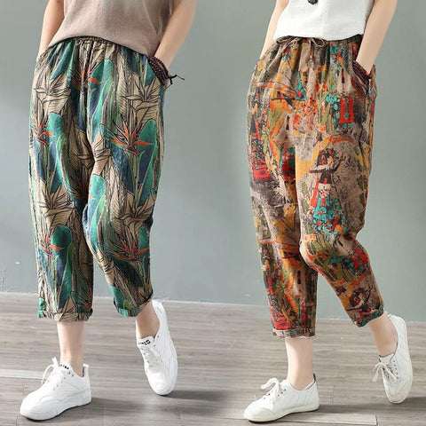 Sonicelife Women Harem Pants Cotton Linen Vintage High Waisted Trousers Spring Summer Loose Retro Floral Printed Wide Leg Pants Streetwear