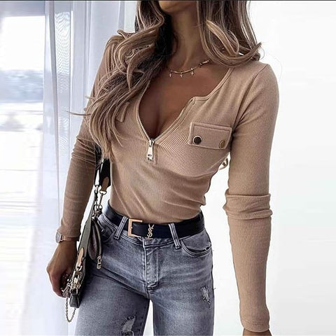 Sonicelife Sweet Women Slim Fit Blouses Shirts Elegant Spring Knitted Ribbed Zipper Shirt Tops Autumn Casual Button Long Sleeve Blusas