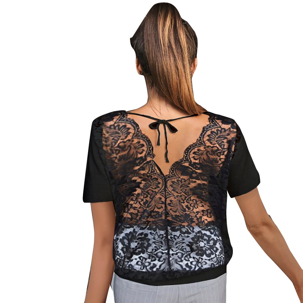 Sonicelife Women Mesh Blouse Fashion See-through Lace Short Sleeve Blouse Slim Fits Top Mesh Sheer Blouse Black Shirt Female Clothing D30