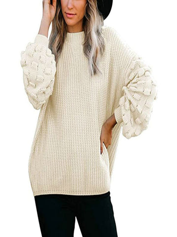 Sonicelife Elegant Women Office Lady Pullover Winter Warm Long Sleeve Knit Crochet Turtleneck Lantern Sleeve Sweater Round Neck Streetwear