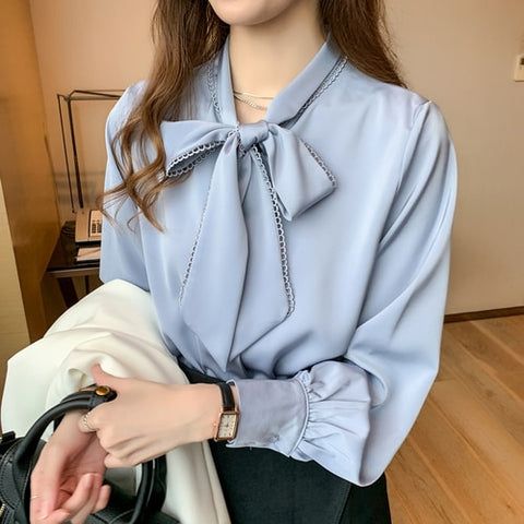 Sonicelife 2023 Spring Fashion Korean Tops Satin Chiffon Blouse Women Loose Long Sleeve Shirt White Blue Office Lady Clothes with Bow 10691 917
