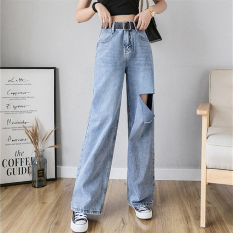 Sonicelife Woman Jeans High Waist Ripped Jeans 2019 Autumn Winter For Clothes Wide Leg Denim Clothing Blue Streetwear Fashion Vintage Pants