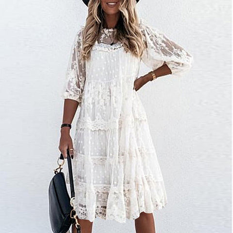 Sonicelife hoco dresses-Summer  V-neck Lace Party Dress Women Elegant Mesh Patchwork Three Quarter Sleeve Dress Spring Ruffle Mini Dress Vestido D30