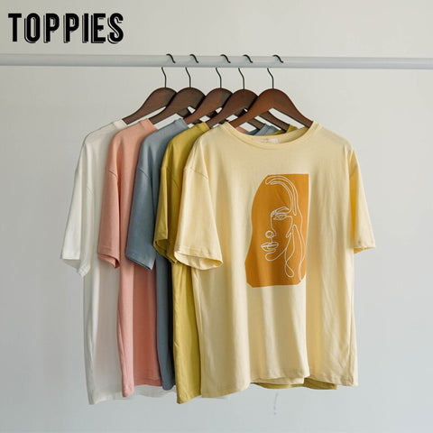 Sonicelife Toppies Abstract T-shirts Character Printing Women Tops Solid Color Summer white Cotton Tops Tees harajuku clothing