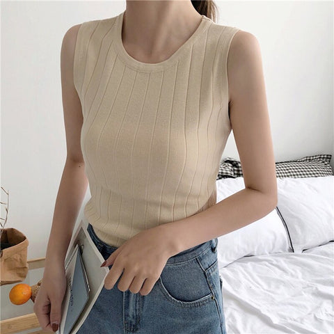 Christmas Gift 2021 Mujer Black Tank Tops Women Summer Top Elasticity White Knitted Striped Casual Womens Clothes Camiseta Haut Femme Verano