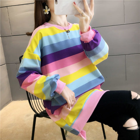 Fashion Rainbow Color Sweatshirt Hoodies Women 2023 Loose Long Sleeve Pullover Female Spring Autumn Oversized Harajuku Striped