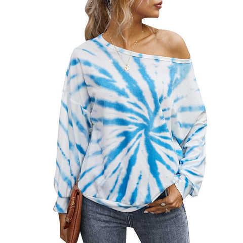 Sonicelife Sale Women's Tie Dye Print Long Sleeve Pullover Summer Casual Loose-shouldered Femme T-shirt Loose Tunic Tops Camisas Mujer D30