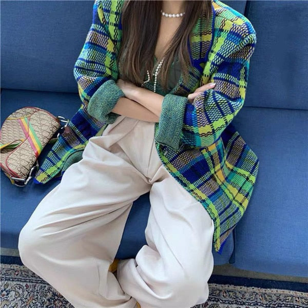 Sonicelife RUGOD Fashion Bright Pink Green Plaid Knit Suit Korean Elegant Notched Collar Belted Vintage Jacket Autumn Winter Women's Suits