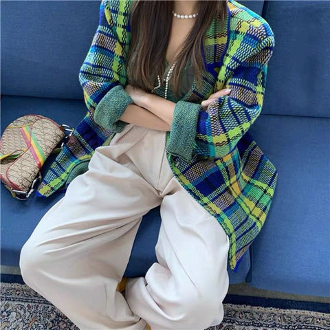 Sonicelife RUGOD Fashion Bright Pink Green Plaid Knit Suit Korean Elegant Notched Collar Belted Vintage Jacket Autumn Winter Women's Suits