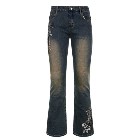 Sonicelife Fairycore Grunge Y2K Graphic Low Waist Jeans Women Vintage Embroidery Skinny Denim Pants 2000s Aesthetic Jeans Bottom