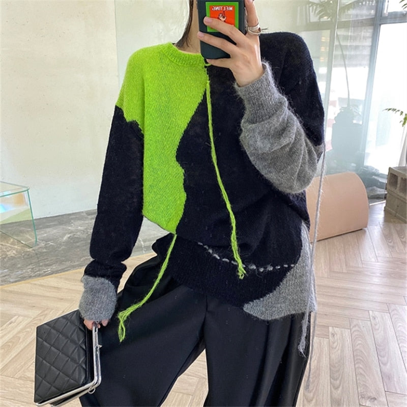 Loose Mohair Sweater Women Fall Korean Style O-neck Hit Color Long Sleeve Pullovers Female Fashion Casual Soft Lady Jumpers Tops