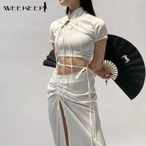 Weekeep White Bandage Chinese Style T-Shirt Women Short Sleeve Turtleneck Hollow Out  Crop Top Summer 2023 Elegant Solid Tee