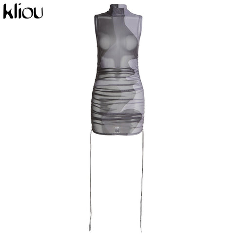 Kliou Midnight Partywear Women  See Through Contrast Patchwork Mini Dress 2023 Chic Bodycon Sleeveless Undefined Streetwear