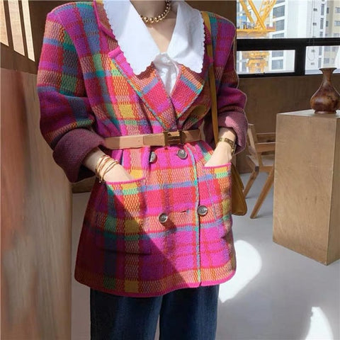 RUGOD Fashion Bright Pink Green Plaid Knit Suit Korean Elegant Notched Collar Belted Vintage Jacket Autumn Winter Women's Suits