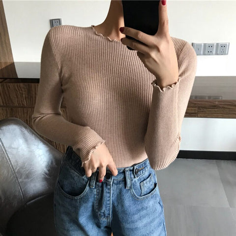 O Neck Ruched Women Sweater High Elastic Solid 2023 Fall Winter Fashion Sweater Women Slim  Knitted Pullovers Pull Femme