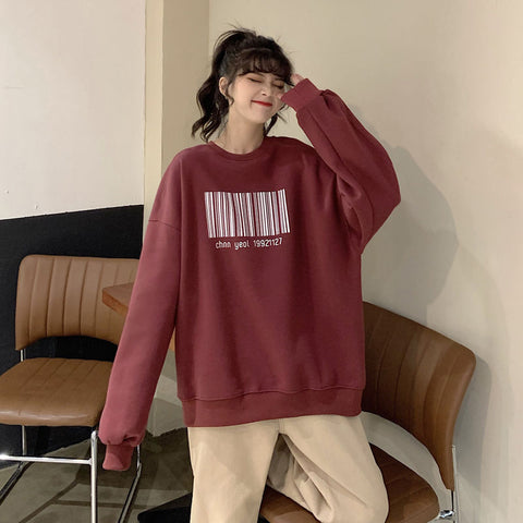 2023 Spring Autumn Oversized Hoodies Women Korean Style Bar Code Sweatshirts Harajuku Pullover Couple Friends Clothes Tops Loose